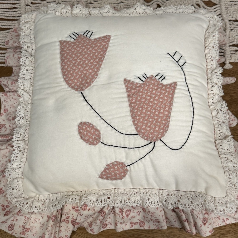 VTG Handmade Tulip Pillow Quilted Cottage Ruffle Trim 15" Floral Ruffles Granny
